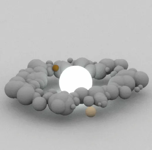 A grey cloud of spheres rings a white orb.