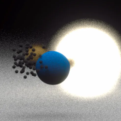 Several geometric spheres cluster under a dark backdrop.