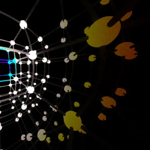 A 3D lattice seen from an angle, with the colour shifting from red to blue across the image.
