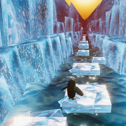 Penguin in sunglasses in front of a cracked glacier.