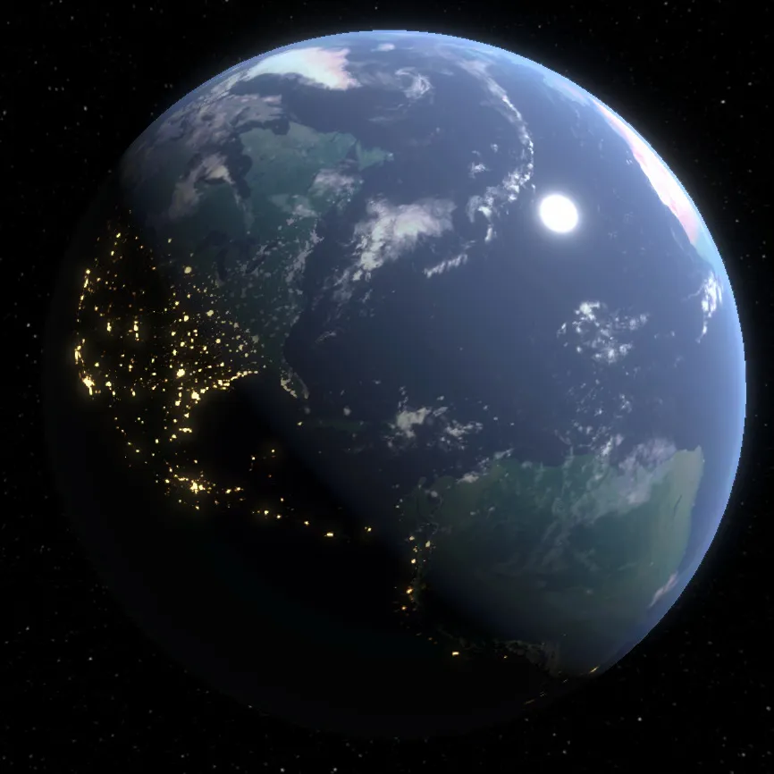 A rendering of planet Earth from space, city lights visible on the dark side