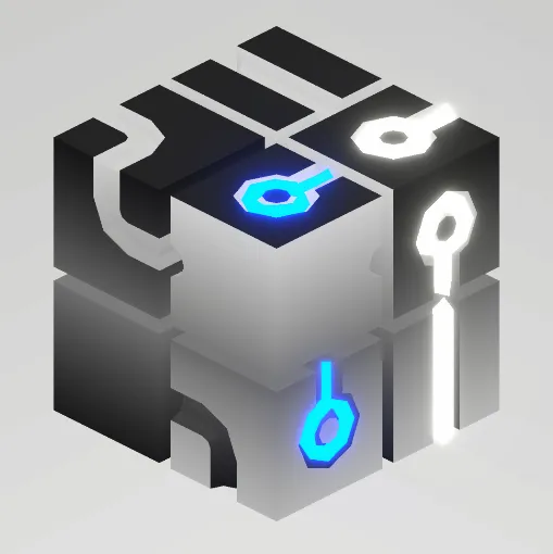 A puzzle formed of cubes. Lines on the cubes glow.