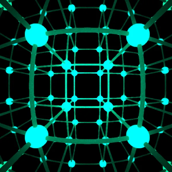 A psychedelic warped green lattice, head on to the viewer.