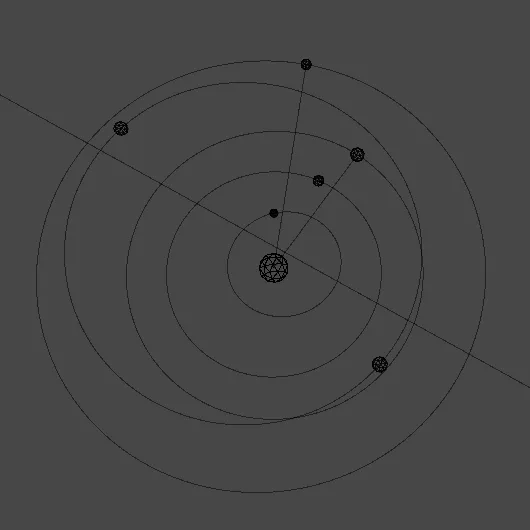 A wireframe view of concentric orbits around a central body.