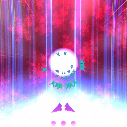 A circular mash of colours with a small geometric spaceship at the bottom.