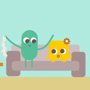 Two geometric 2D characters sit on a sofa, one of them holding a string of teacups.