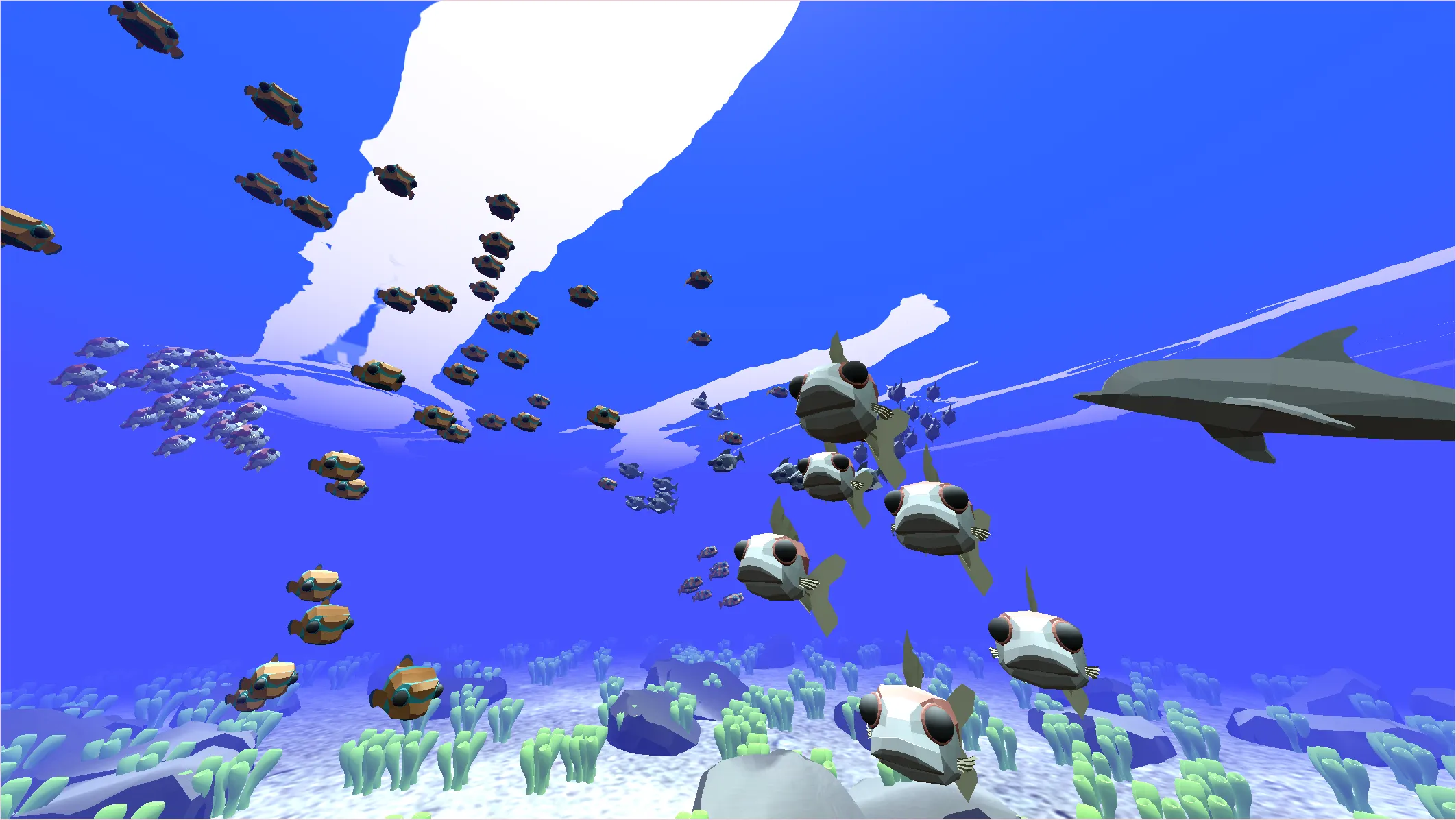 Schools of fish swim in a colourful coral reef environment.