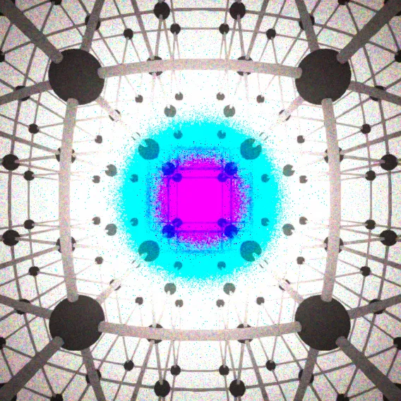 A bright lattice, with blue and magenta rings in the middle.